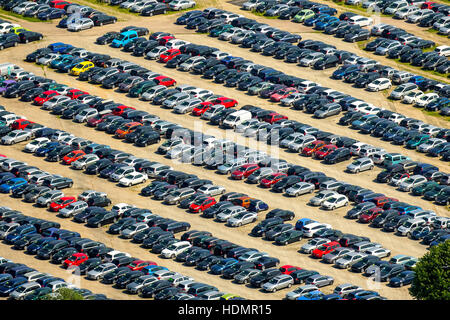 Aerial photograph, new car parking lot, Citroen, Peugeot, Ford, colourful rows of cars, Wallenius Wilhelmsen Logistics, Zülpich Stock Photo