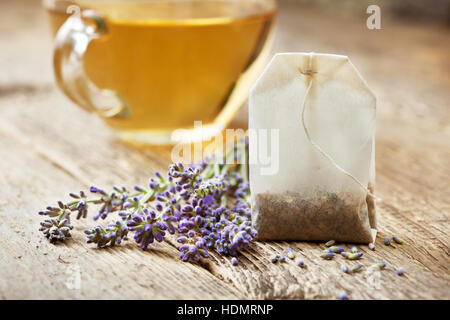 teabag with lavender , cup of tea on the old wooden background Stock Photo