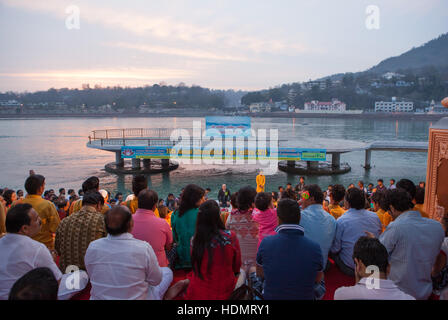 Evening Ganga Aarti Ceremony at the Parmarth Niketan Ashram in Rishikesh,Uttarakhand,India Stock Photo