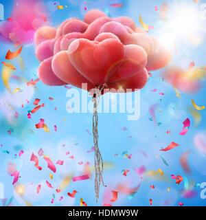 Bunch of heart shaped balloons in blue sky. EPS 10 Stock Vector