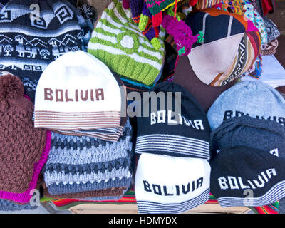 Display of traditional souvenirs at the market in La Paz city, Bolivia. Stock Photo