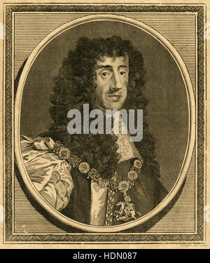 Antique 1788 engraving, King Charles II. Charles II (1630-1685) was king of England, Scotland, and Ireland. He was king of Scotland from 1649 until his deposition in 1651, and king of England, Scotland, and Ireland from the restoration of the monarchy in 1660 until his death. SOURCE: ORIGINAL ENGRAVING. Stock Photo