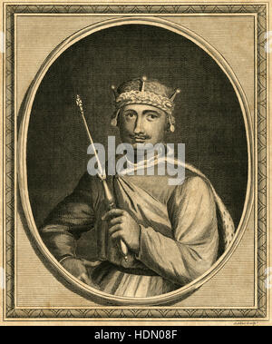 Antique 1786 engraving, King William II. William II (c. 1056-1100), the third son of William I of England, was King of England from 1087 until 1100. William is commonly known as William Rufus or William the Red, perhaps because of his red-faced appearance. SOURCE: ORIGINAL ENGRAVING. Stock Photo