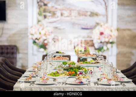 Beautifully organized event - served banquet table ready for guests Stock Photo