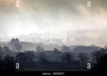 Misty day over the rural Flintshire landscape in North Wales with the Clwydian Range hills just visible in the distance Stock Photo