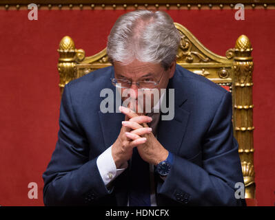 Rome, Italy. 14th Dec, 2016. Italian Prime Minister Paolo Gentiloni is seen ahead of a confidence vote at the upper house in Rome, capital of Italy, on Dec. 14, 2016. The new cabinet of Italian Prime Minister Paolo Gentiloni won the second of two confidence votes on Wednesday, paving the way for formally taking over the power. © Jin Yu/Xinhua/Alamy Live News Stock Photo