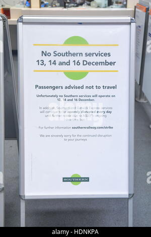 Signs warns passengers of disruption at New Cross Gate station in SE London as a strike by train drivers on Southern Railway, in a dispute over driver-only trains, crippled thousands of services caused misery for hundreds of thousands of passengers. Stock Photo