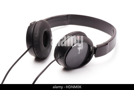 SAMARA, RUSSIA - October 20, 2016: Black SONY headphones isolated on a white background, illustrative editorial Stock Photo