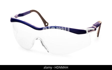 Blue plastic protective work glasses isolated on a white background Stock Photo