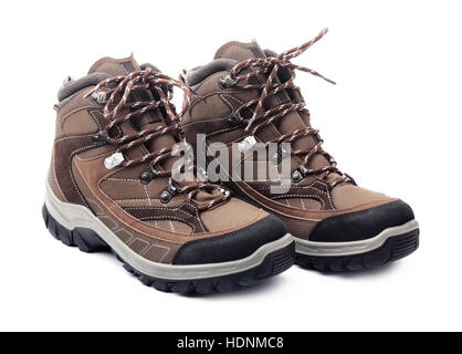 Pair of new hiking boots isolated on white background Stock Photo
