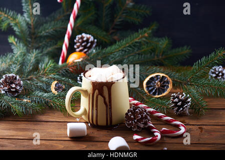 mug with hot chocolate wooden table Stock Photo