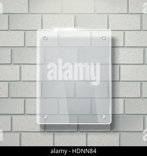 modern 3d vector blank glass frame on white brick wall Stock Vector