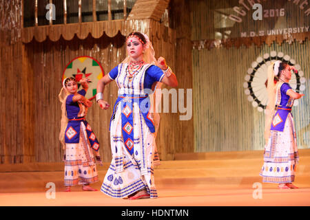 Traditional dancers from Assam performing Sattriya dance. Tribal Festival in Ajmer, Rajasthan, India Stock Photo