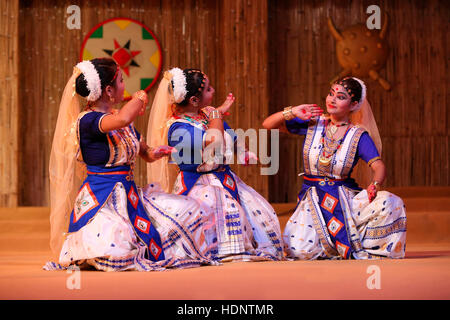 Traditional dancers from Assam performing Sattriya dance. Tribal Festival in Ajmer, Rajasthan, India Stock Photo