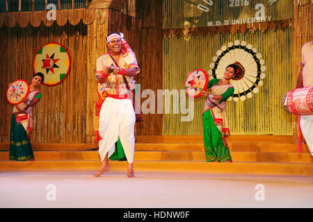Tribal dancers From Assam performing Traditional Bodo dance of Assam. Tribal Festival in Ajmer, Rajasthan, India Stock Photo