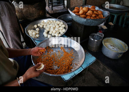 Process of making Kachoris in Ajmer in a Sweet Shop , Rajasthan India. Stock Photo