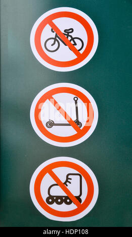 Prohibiting signs: No roller skates, No bicycles, No scooters Stock Photo