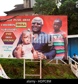 Billboard featuring Sierra Leones President Ernest Bai Koroma: 'Don't push away children of Ebola Survivors' Stock Photo