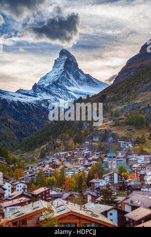 Zermatt and Matterhorn. Image of famous alpine village Zermatt located in Swiss Alps. Stock Photo