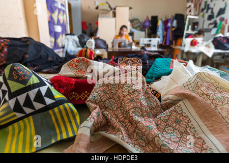 Traditional textiles in a workshop in Nukus, Uzbekistan. Stock Photo
