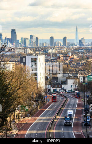 View South along Archway Road to the City of London, from Hornsey Lane Bridge, North Islington, London, UK Stock Photo