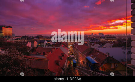 Sunset panorama of Zagreb city from The Strossmayer promenade, Zagreb funicular in the frame Stock Photo