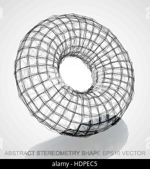 Abstract stereometry shape: Ink sketched Torus with Reflection. Hand drawn 3D polygonal Torus. EPS 10, vector illustration. Stock Vector