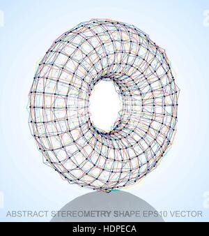 Abstract stereometry shape: Multicolor sketched Torus with Reflection. Hand drawn 3D polygonal Torus. EPS 10, vector illustration. Stock Vector