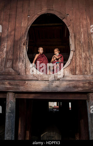 Novice Buddhist monks at the Shwe Yan Pyay Monastery in Nyaungshwe, Myanmar. Stock Photo