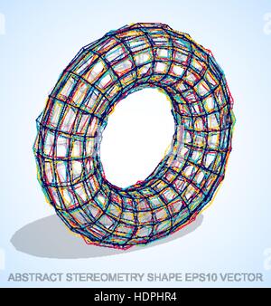 Abstract stereometry shape: Multicolor sketched Torus with Transparent Shadow. Hand drawn 3D polygonal Torus. EPS 10, vector illustration. Stock Vector