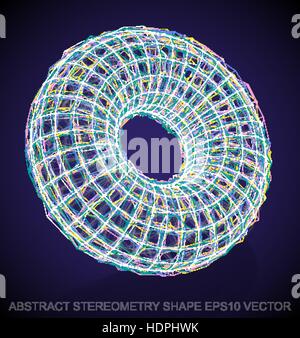 Abstract stereometry shape: Multicolor sketched Torus with Reflection. Hand drawn 3D polygonal Torus. EPS 10, vector illustration. Stock Vector