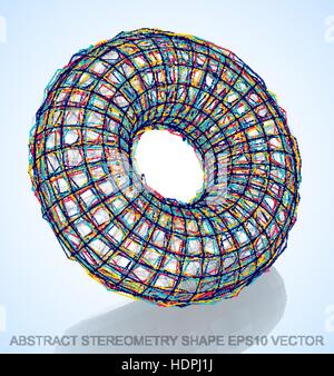 Abstract stereometry shape: Multicolor sketched Torus with Reflection. Hand drawn 3D polygonal Torus. EPS 10, vector illustration. Stock Vector