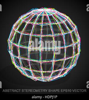 Abstract stereometry shape: Multicolor sketched Sphere with Transparent Shadow. Hand drawn 3D polygonal Sphere. EPS 10, vector illustration. Stock Vector