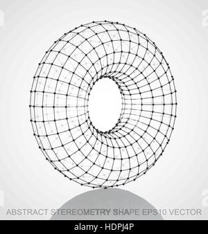 Abstract stereometry shape: Black sketched Torus with Reflection. Hand drawn 3D polygonal Torus. EPS 10, vector illustration. Stock Vector