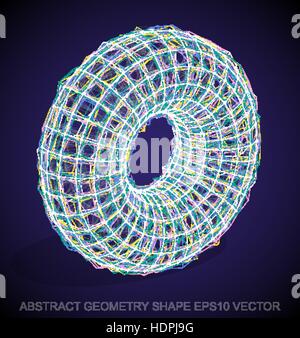 Abstract stereometry shape: Multicolor sketched Torus with Transparent Shadow. Hand drawn 3D polygonal Torus. EPS 10, vector illustration. Stock Vector