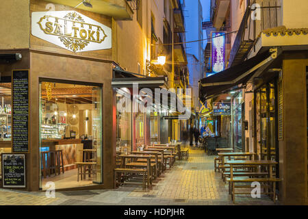 Christmas decorations in Benidorm, tapas alley, quiet evening, taberna saltoki Stock Photo