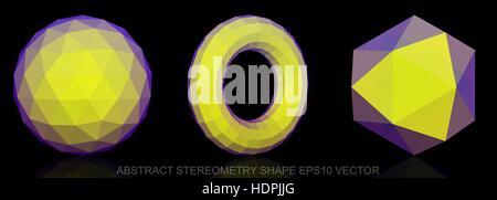 Set of Abstract geometry shape: low poly Yellow Geosphere, Torus, Octahedron. 3D polygonal objects, EPS 10, vector illustration. Stock Vector