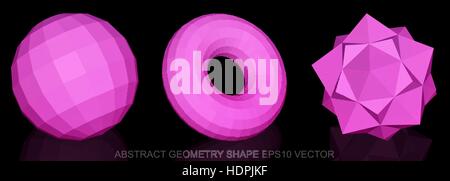 Set of Abstract geometry shape: low poly Pink Sphere, Torus, Octahedron. 3D polygonal objects, EPS 10, vector illustration. Stock Vector