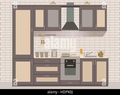 Vector kitchen interior card flat illustration Stock Vector