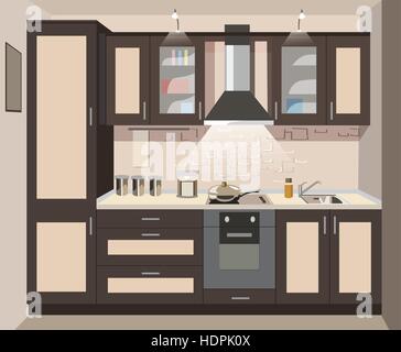 Vector kitchen interior card flat illustration Stock Vector
