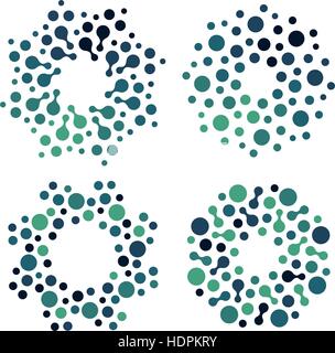 Abstract circle logotype set. Green and blue dotted round isolated chem logo collection. Virus icon. Unusual sun. Flower symbol. Spiral sign.Vector germs illustration. Stock Vector
