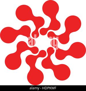 Abstract circle logotype. Unusual dotted round isolated chem logo. Virus icon. Red sun. Flower symbol. Spiral sign.Vector illustration. Stock Vector