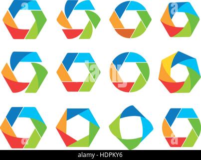 Isolated abstract colorful hexagon and round shape logo collection. Geometric logotypes set on white background. Photo lens elements vector illustration. Stock Vector