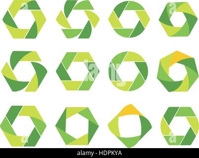 Isolated abstract green hexagon and round logo. Geometric eco logotypes set on white bacground. Organic products icon. Natural elements sign. Vector circulation illustration. Stock Vector