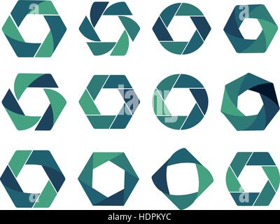 Isolated abstract logo collection. Geometric logotype set on white background. Blue and green hexagons,rectangles, squares,triangles, rhombus,round shape vector illustrations. Stock Vector