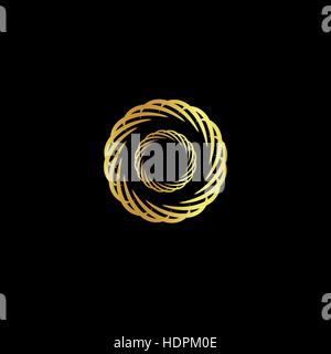 Isolated abstract round shape golden color logo. Circular logotype on black background. Shiny gold jewellery icon. Vector rings illustration. Wheel movement graphic emblem. Stock Vector