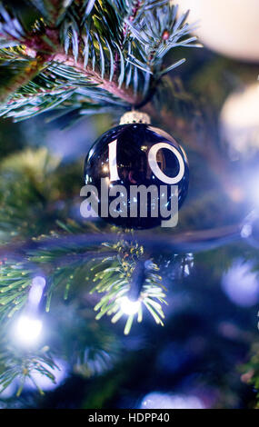 A Number 10 bauble hangs on the Downing street Christmas tree as Theresa May has her first Christmas there Stock Photo