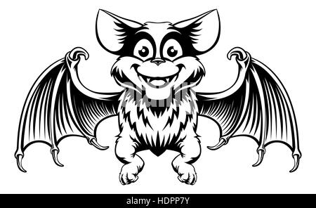A cute cartoon Halloween bat in a vintage woodcut black and white style Stock Photo