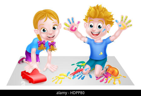 Cartoon boy and girl playing with toys, with paints and toy car Stock Photo