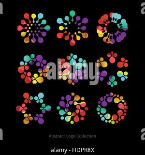 Isolated abstract colorful round shape dotted logo collection. Flower logotypes set. Floral icons on black background. Bright fireworks vector illustration. Stock Vector